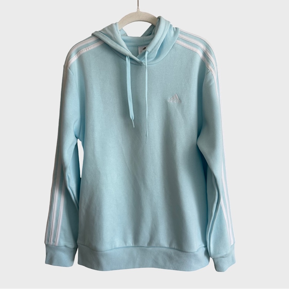 NWT Women’s Adidas Essentials 3 Stripes Hoodie Fleece Almost Blue White HM8062 S